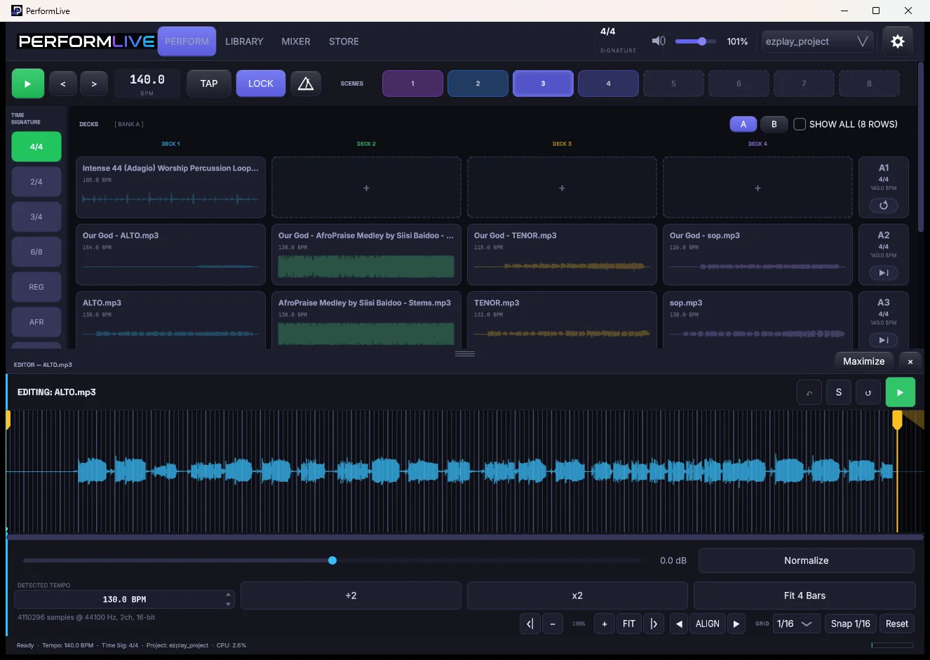 The PerformLive clip editor with a waveform for every stem