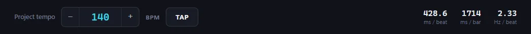 The tempo bar: stepper, BPM field, TAP button, and live readouts for milliseconds per beat, per bar, and hertz per beat