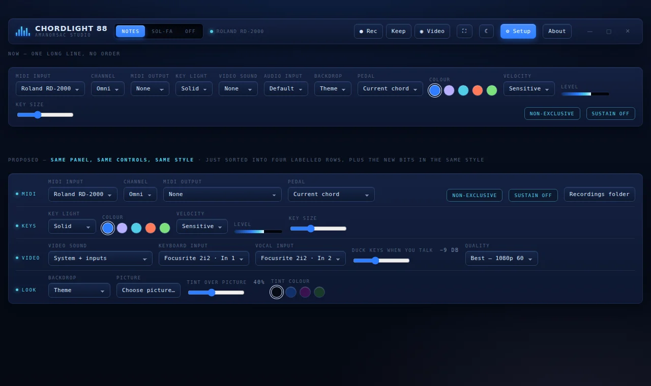 The Setup drawer of Chordlight 88 with the Advanced section open: inputs, mix strips, quality, title, backdrop and plate