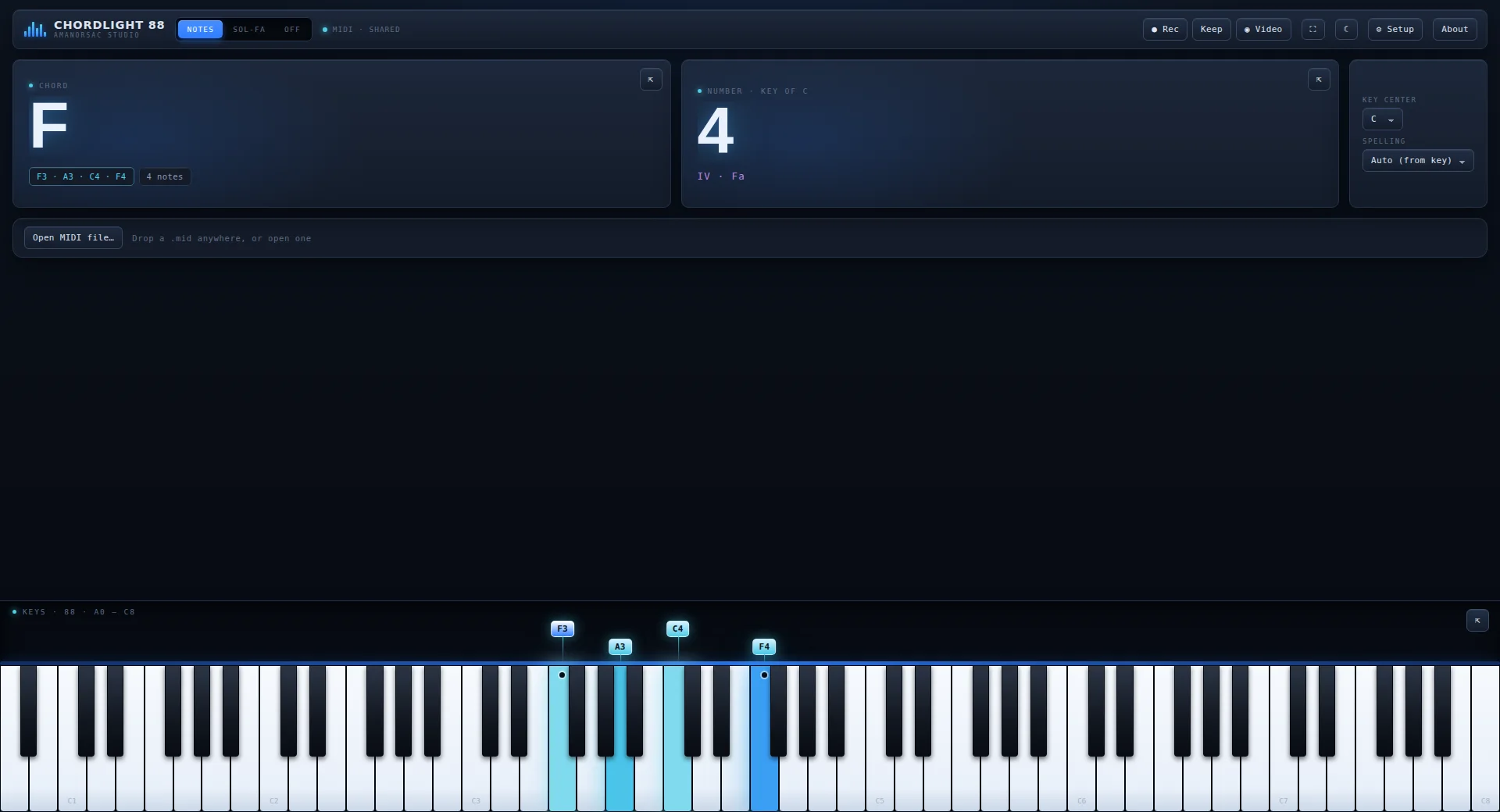 Chordlight 88 with the keys stretched to the full height of the window and the readouts above