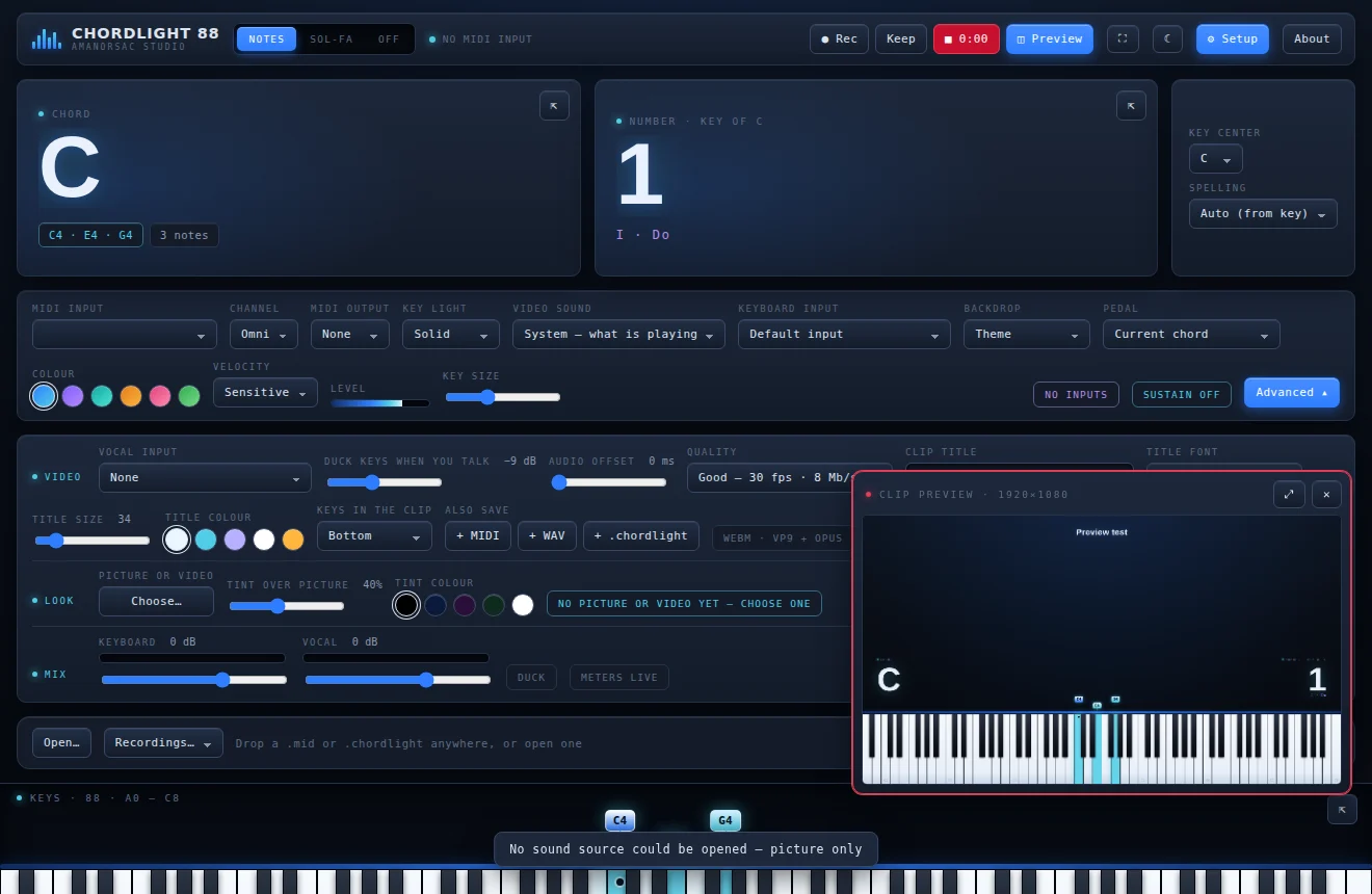 The Clip Preview panel showing the clip as it will be recorded, next to the Advanced settings