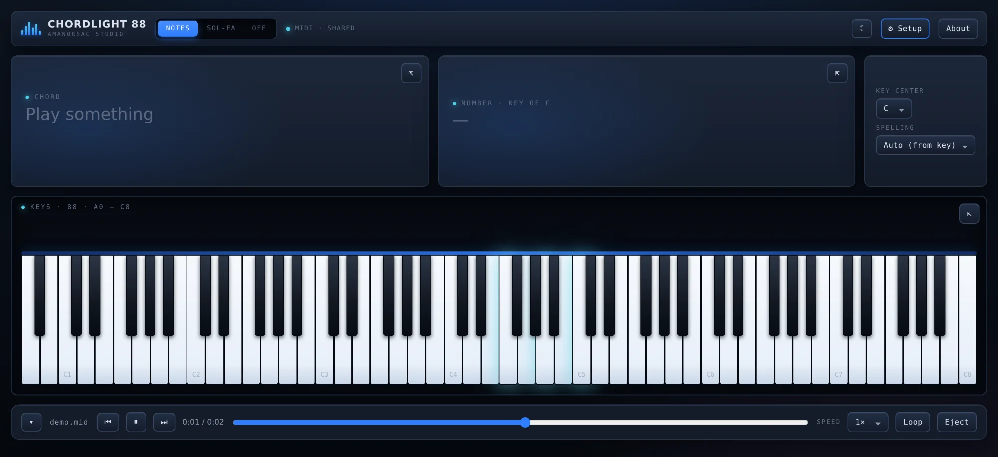 Chordlight 88 playing a recorded take back, with the transport and timeline along the bottom