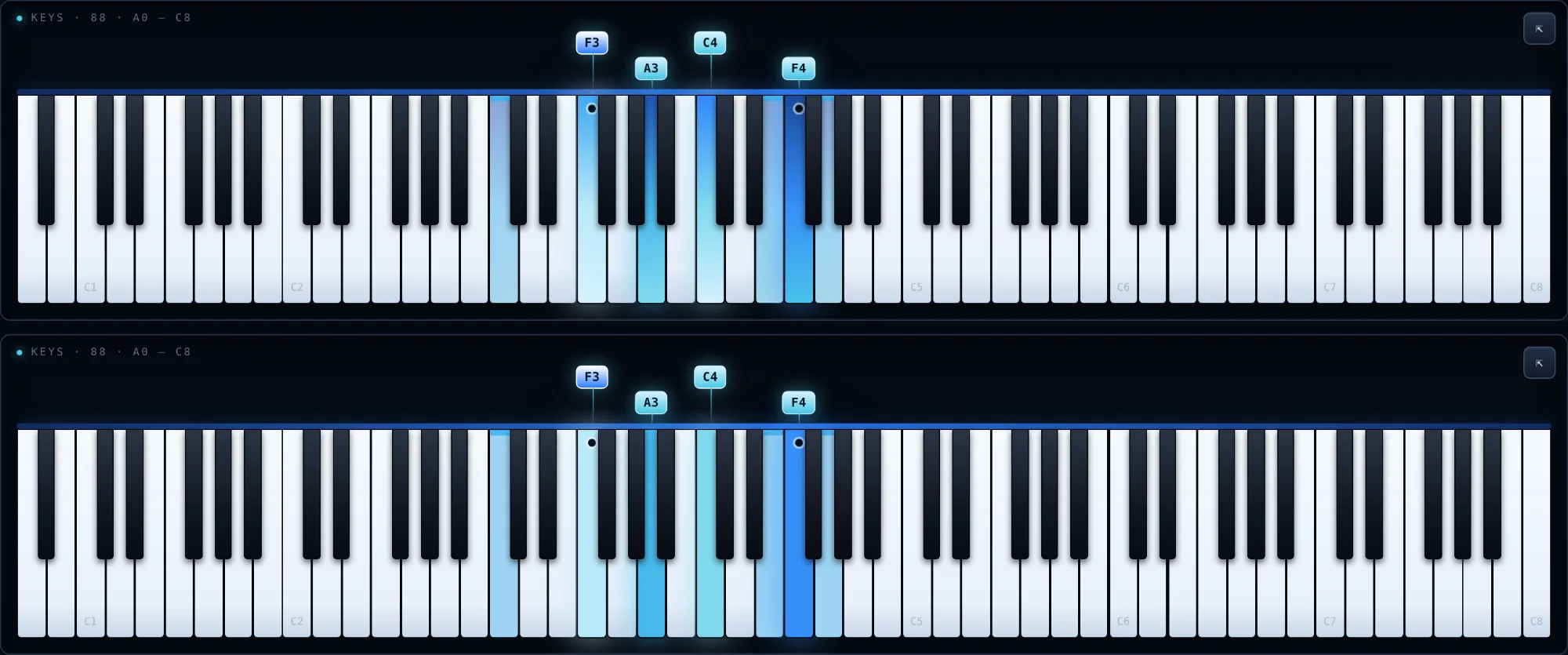 Two Chordlight keybeds with the same chord played soft and hard: the harder notes glow brighter