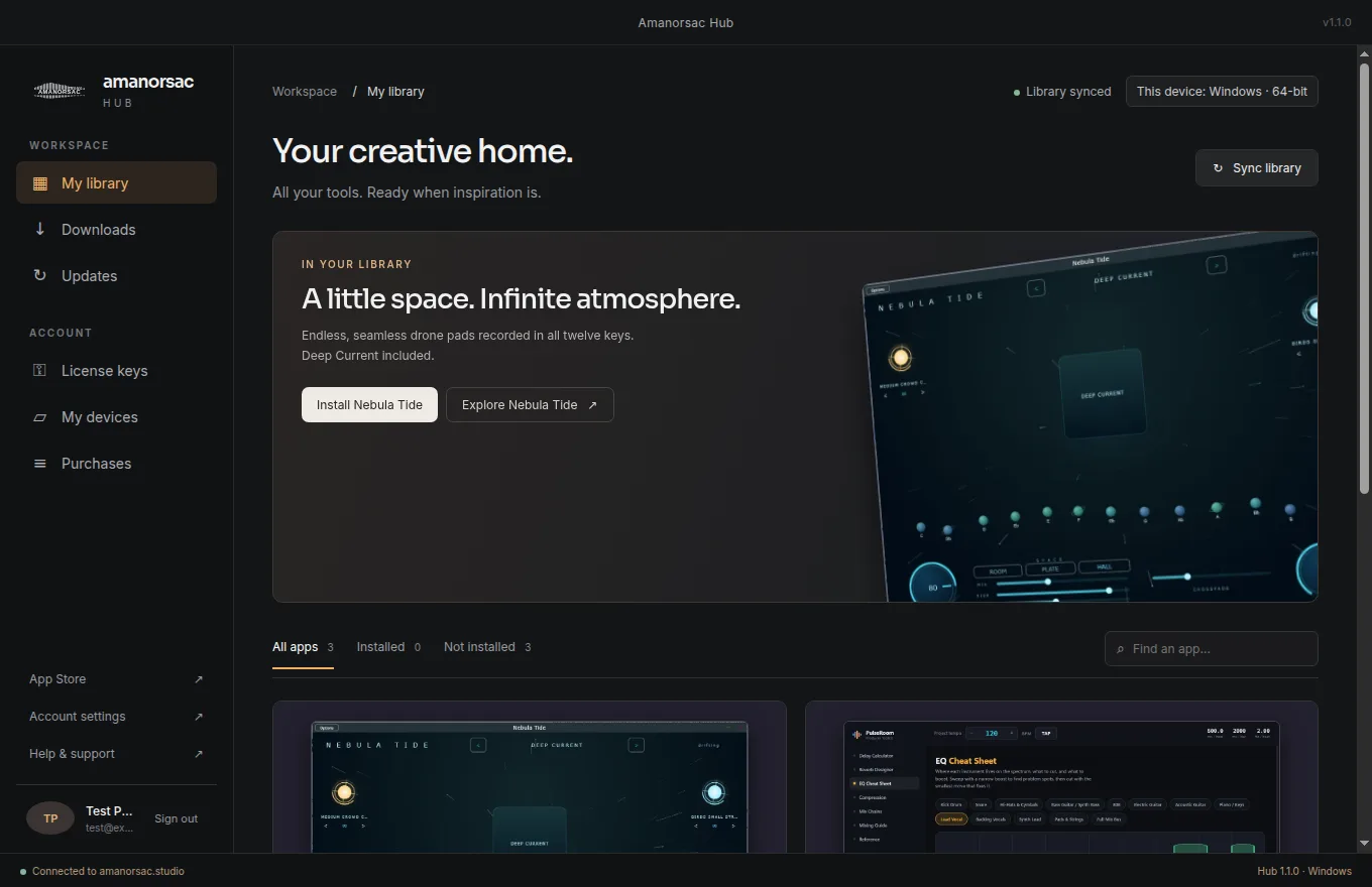 Amanorsac Hub open on My library: Nebula Tide featured, the app shelf below, and the sidebar showing Downloads, Updates, License keys, My devices and Purchases
