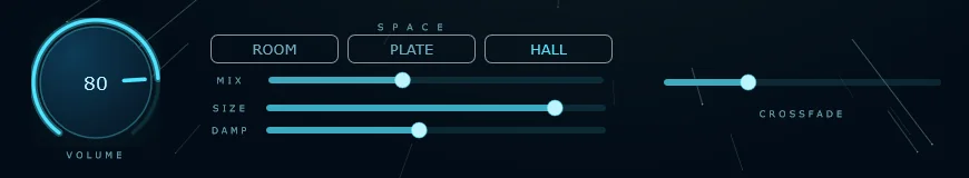 The footer controls: volume, the Room, Plate and Hall buttons with Mix, Size and Damp, and the crossfade control