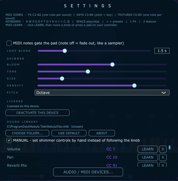 The shimmer's own controls in Settings: bloom, tone, size, density and pitch