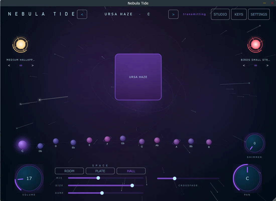 Nebula Tide 2's stage: the twelve keys in orbit, the shimmer knob at the right, and the space controls below