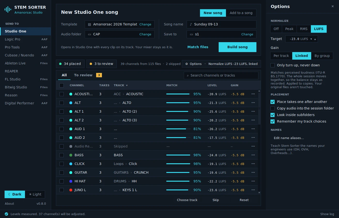 The Options drawer: normalize by peak, RMS or LUFS, per track, linked or by group, and placement choices