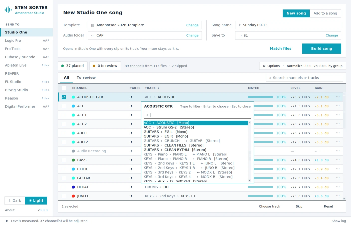Stem Sorter in its light theme with the inline track list open