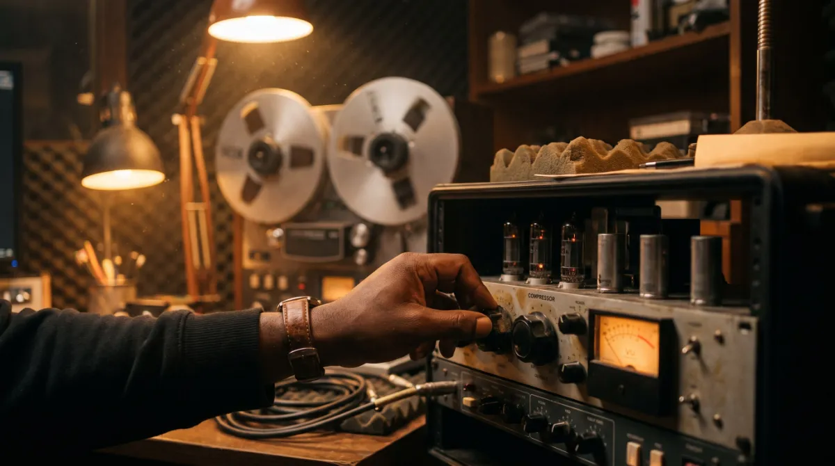 A rack of analog outboard with glowing valves and VU meters, an engineer's hand on a compressor