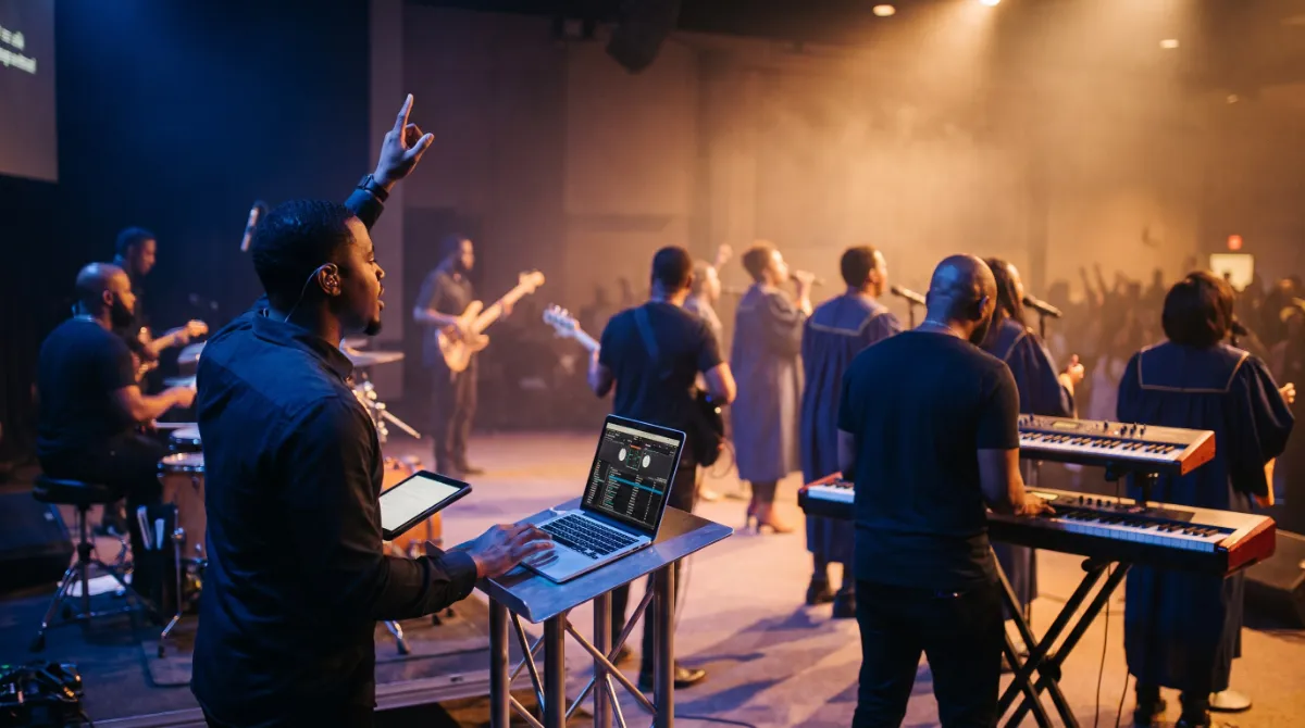 A gospel band playing live while the music director cues them from the side of the stage