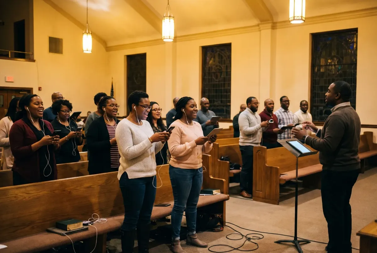 A choir rehearsing with phones and tablets