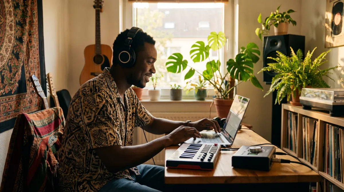 A gospel music creator browsing stems and loops on a laptop in a bright home studio