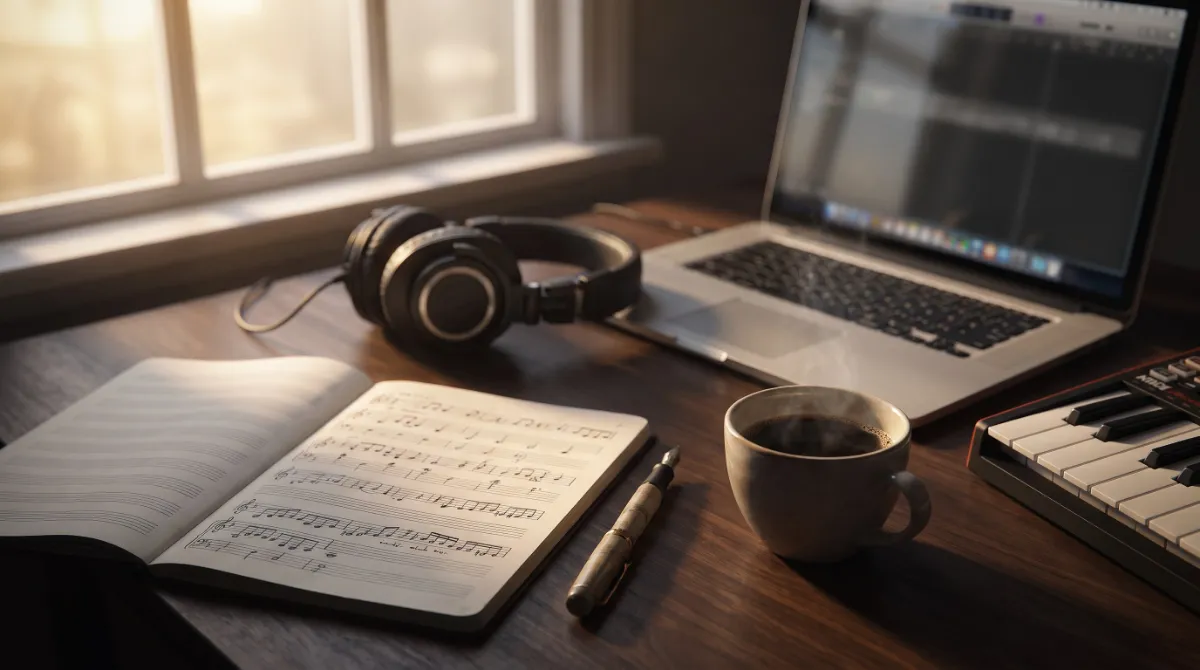 A notebook, coffee and headphones on a desk in morning light