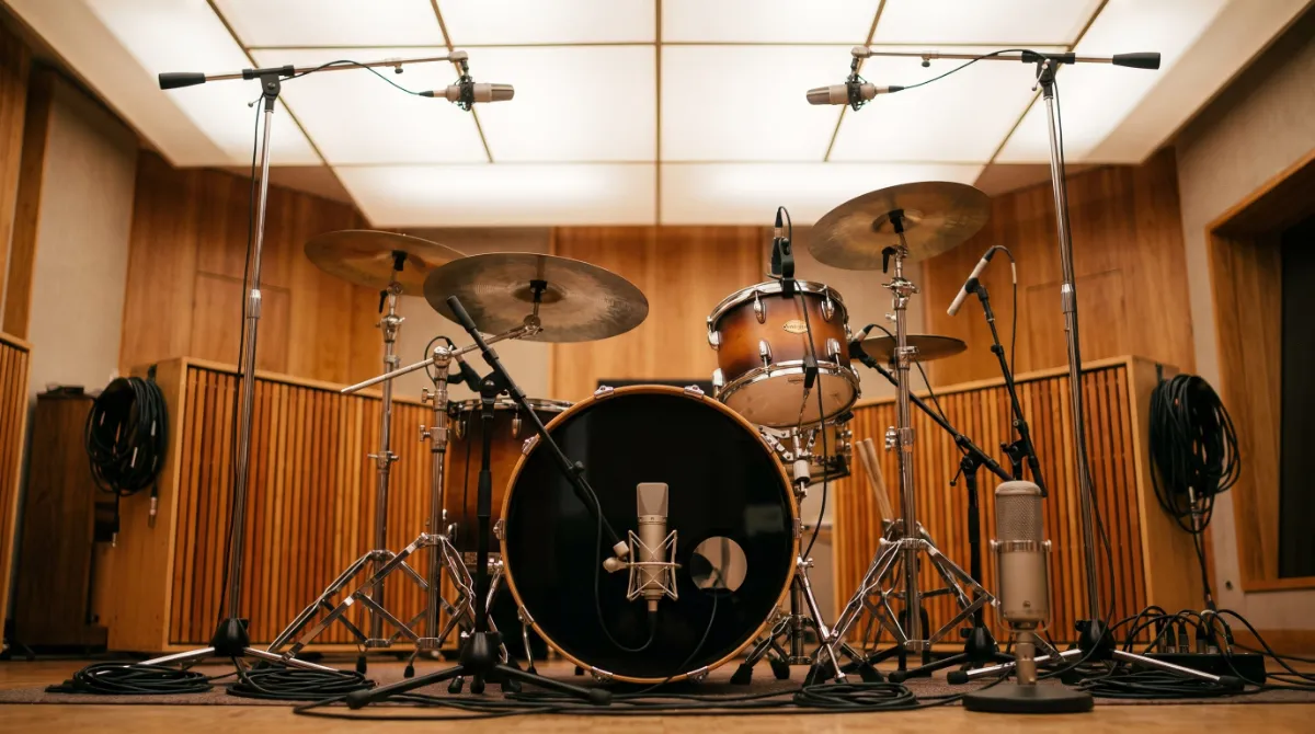 A close-miked drum kit