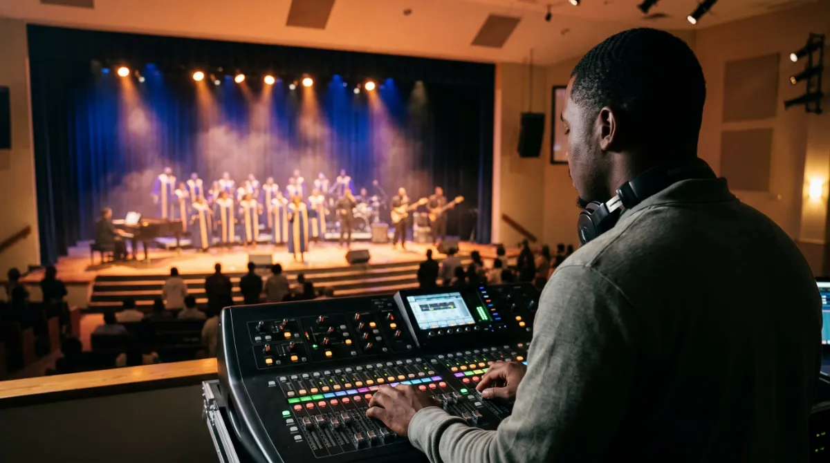A sound engineer at the mixing console during a worship service, the band and choir on stage ahead