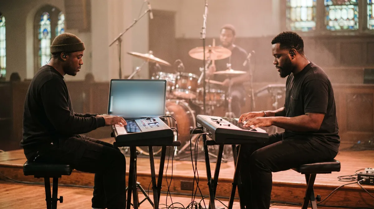 Two keyboard players side by side on a church stage during rehearsal, wearing in-ear monitors