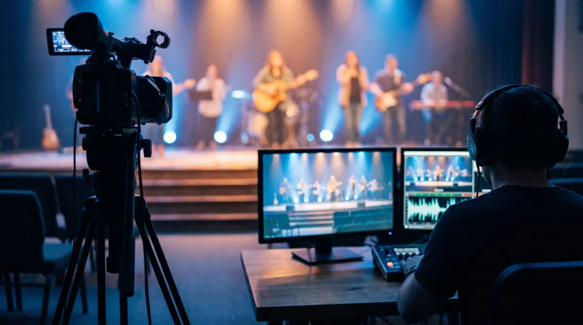 A church livestream: a camera on a tripod pointed at the lit stage, and a volunteer at the broadcast desk