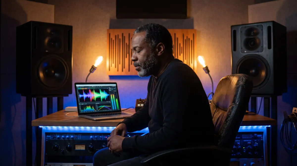 A mastering engineer listening between two large monitors at night