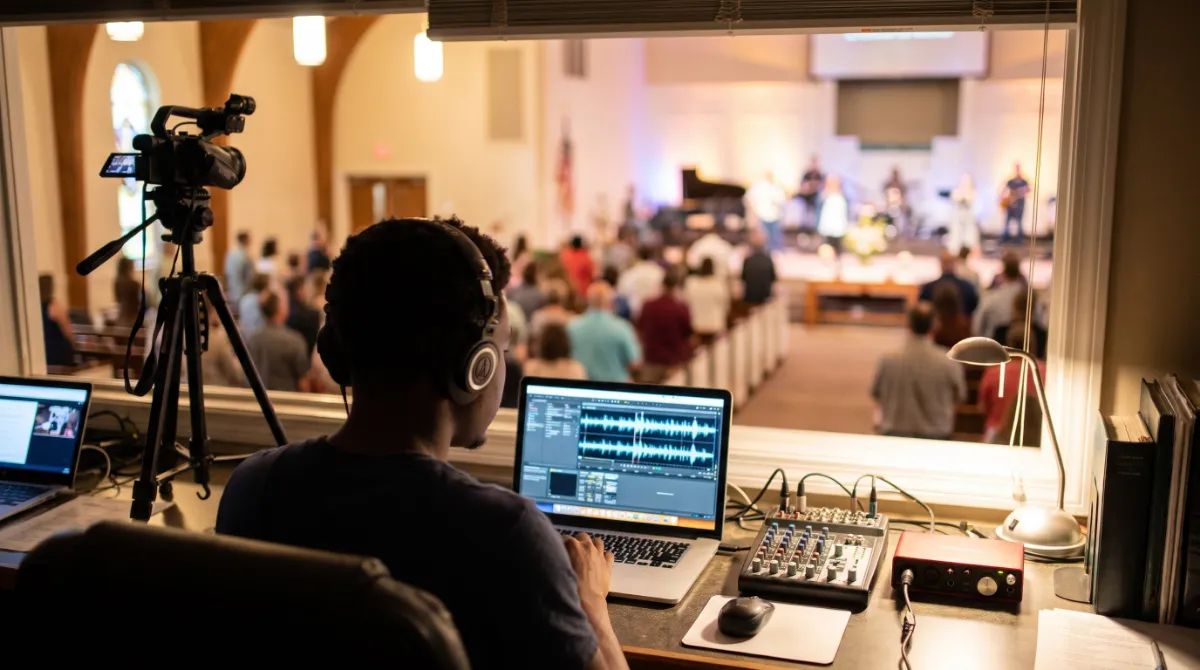 A young engineer mixing a church live stream from the media booth