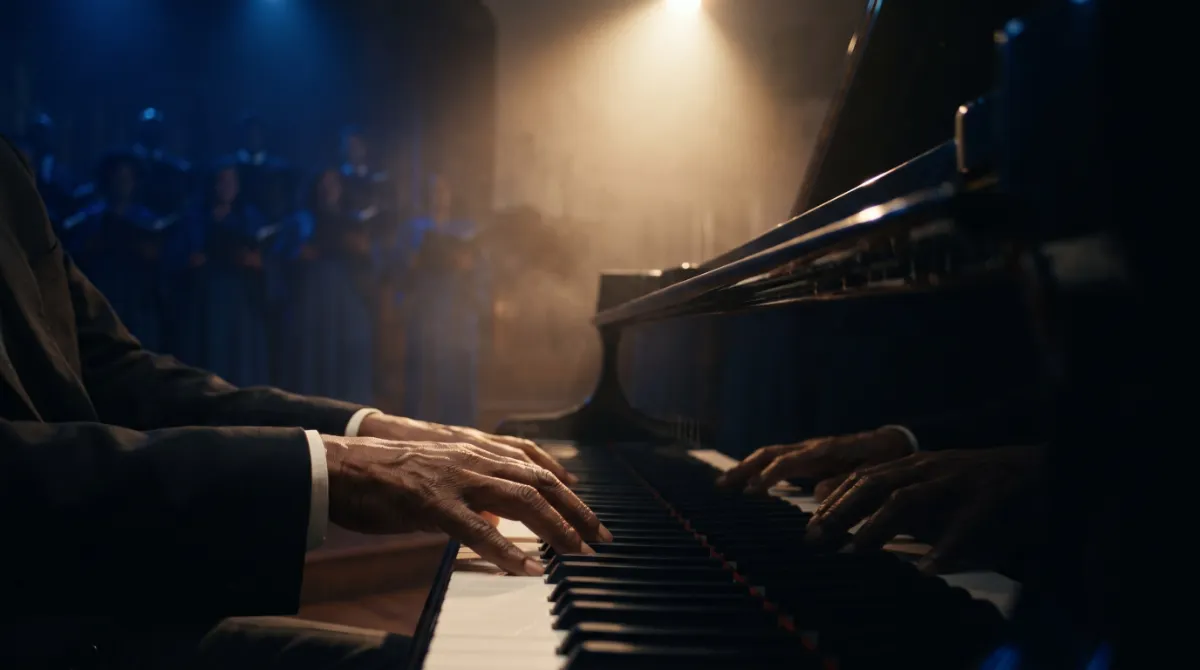 A pianist's hands on a grand piano under a single warm light