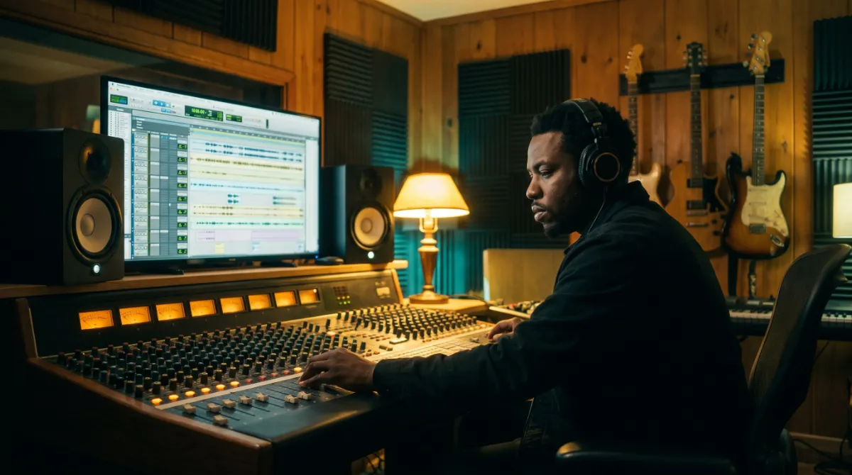 A producer at a studio desk with headphones on, working through a session