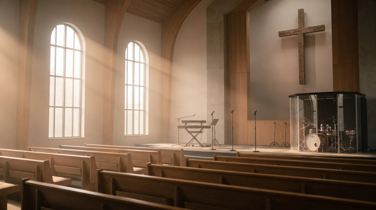 An empty church sanctuary in morning light, a keyboard rig and drum kit waiting on the stage
