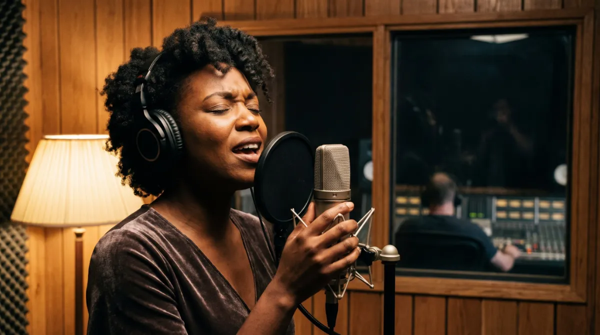 A gospel singer with her eyes closed singing into a studio microphone