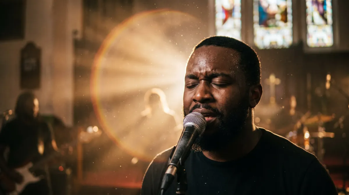 A singer on stage in golden light