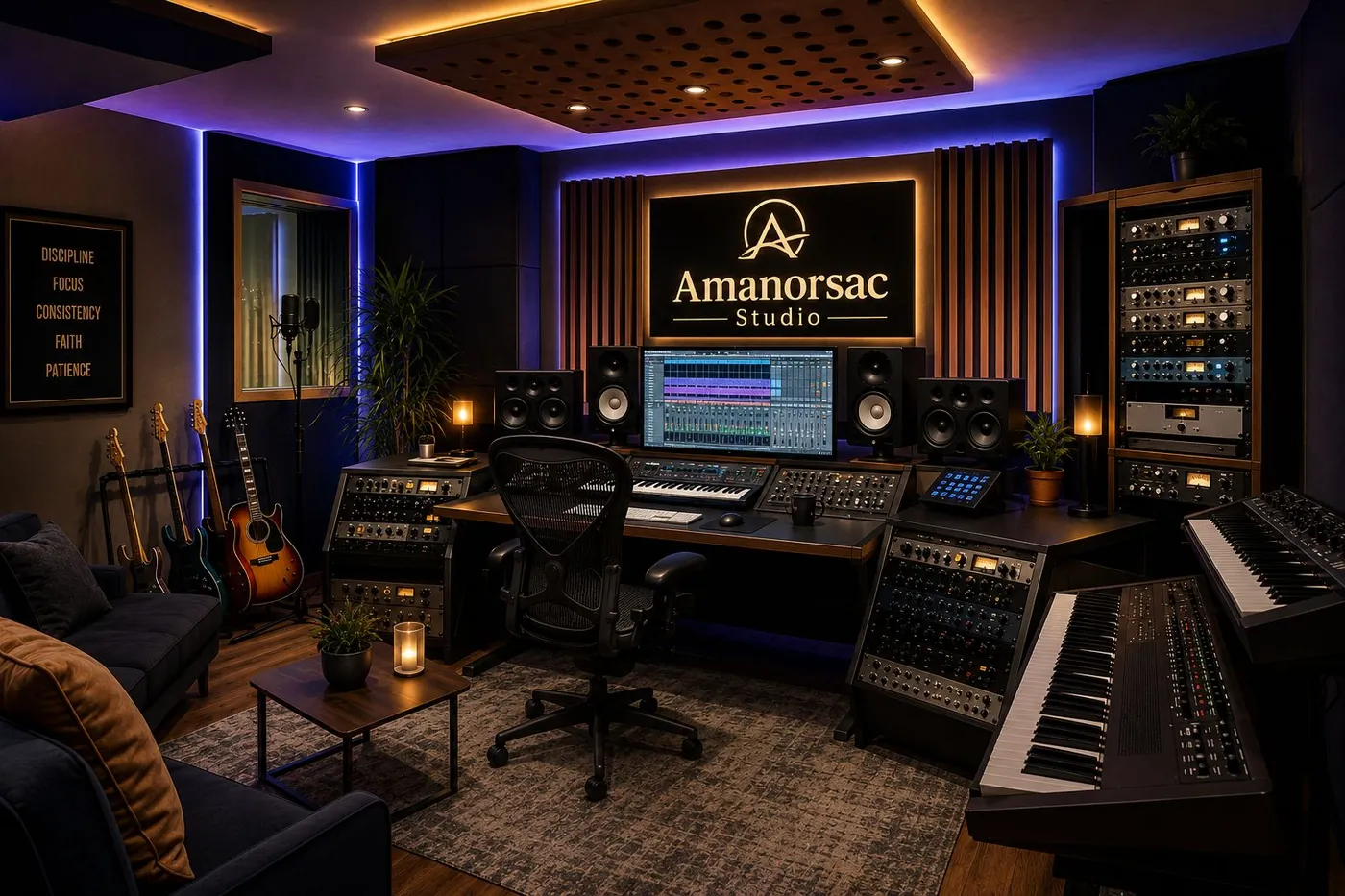 The Amanorsac Studio control room: a mixing desk, monitors and keyboards under warm light