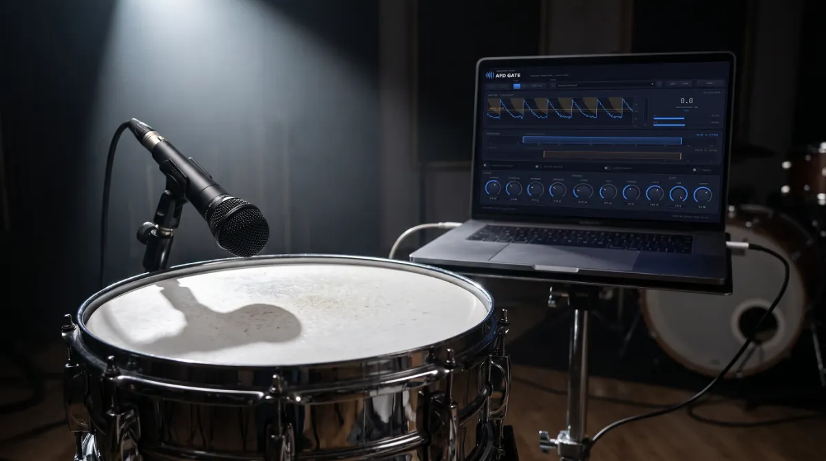 A snare drum under a close mic in a dark live room, with AFD Gate open on a laptop beside the kit