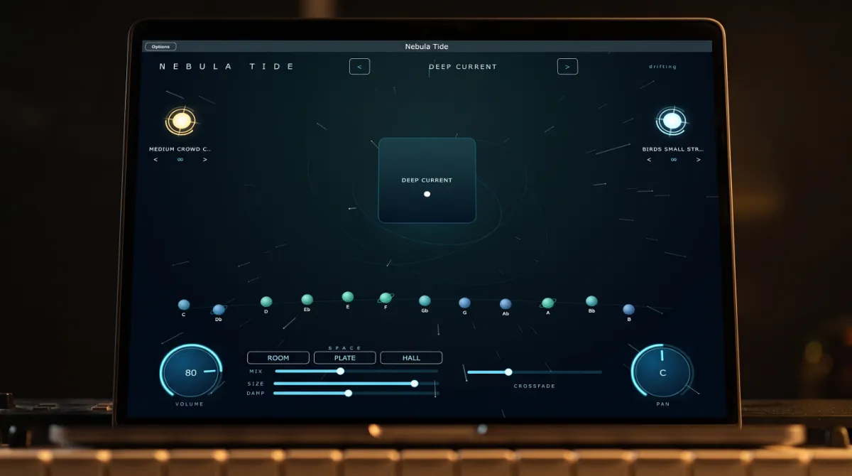 Nebula Tide on a laptop screen: the Deep Current preset in the middle, the key planets on their orbit and the space controls below