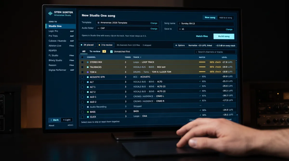 A close view of Stem Sorter on a studio monitor: thirty-four channels placed, three to review, with match confidence and loudness for each